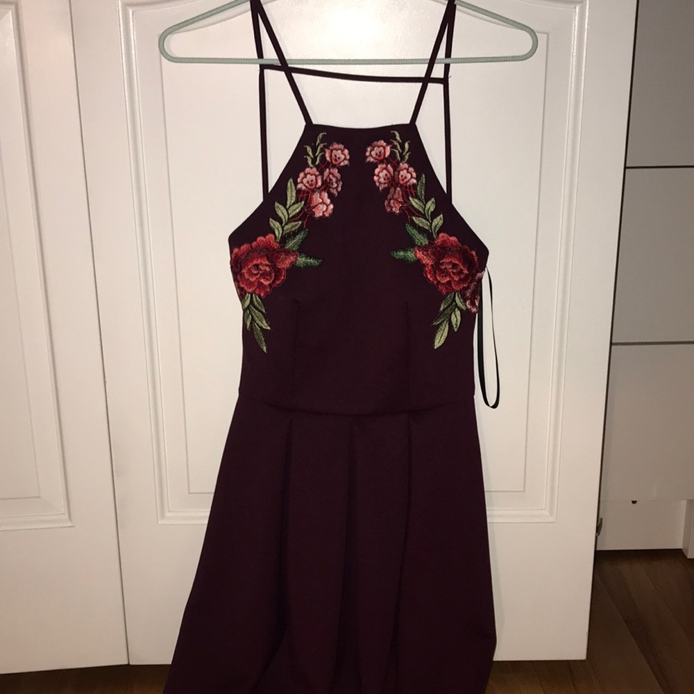 Maroon dress with rose embroidery
